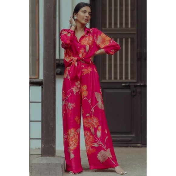 Paulmi & Harsh Pants Women Small Rani Pink Floral Printed Pleated Wide Leg lined - Picture 2 of 13